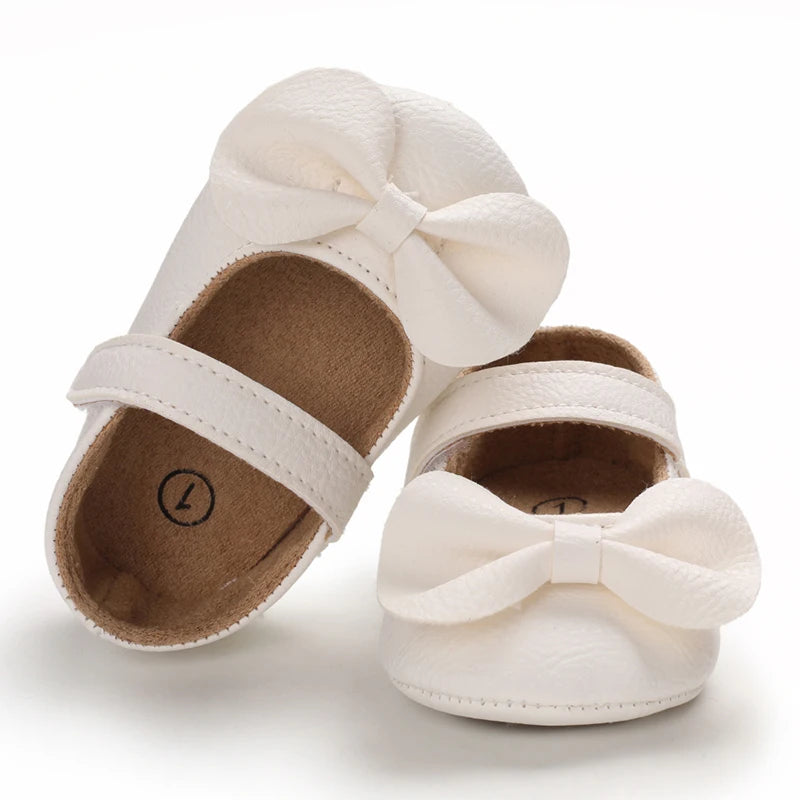 Solid color PU leather girl princess bow flat shoes