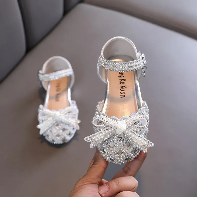 ChildrenRhinestone Bow Velcro Leather Shoes Girls Sequins Pearl