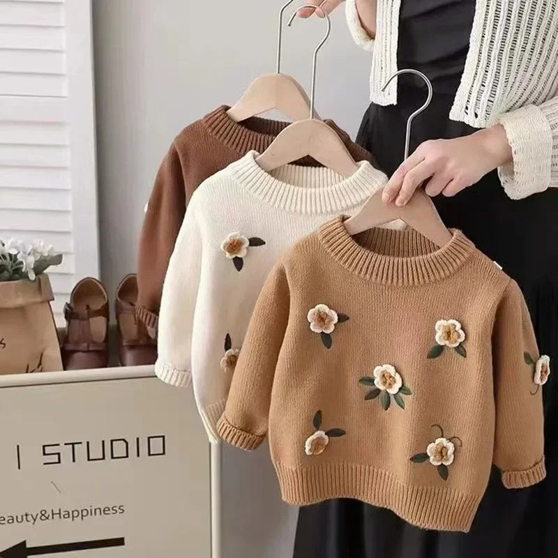 Girls Autumn And Winter Flower Thickened Sweater