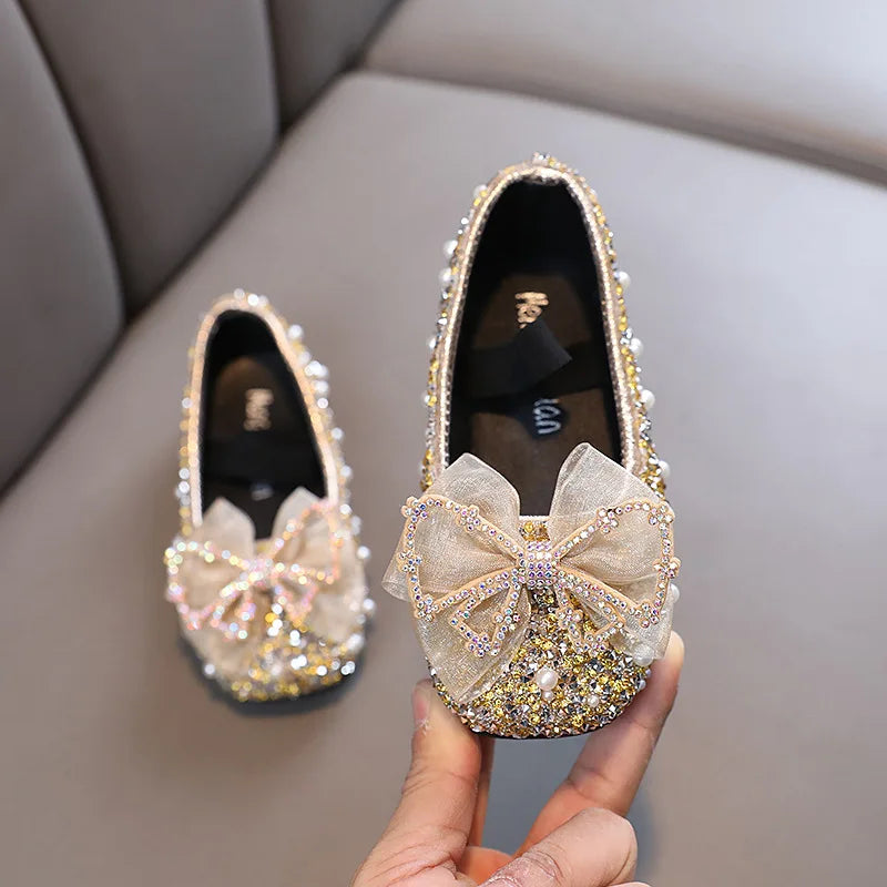 Children's Lace Bow Princess Shoes Girls Color Sequins