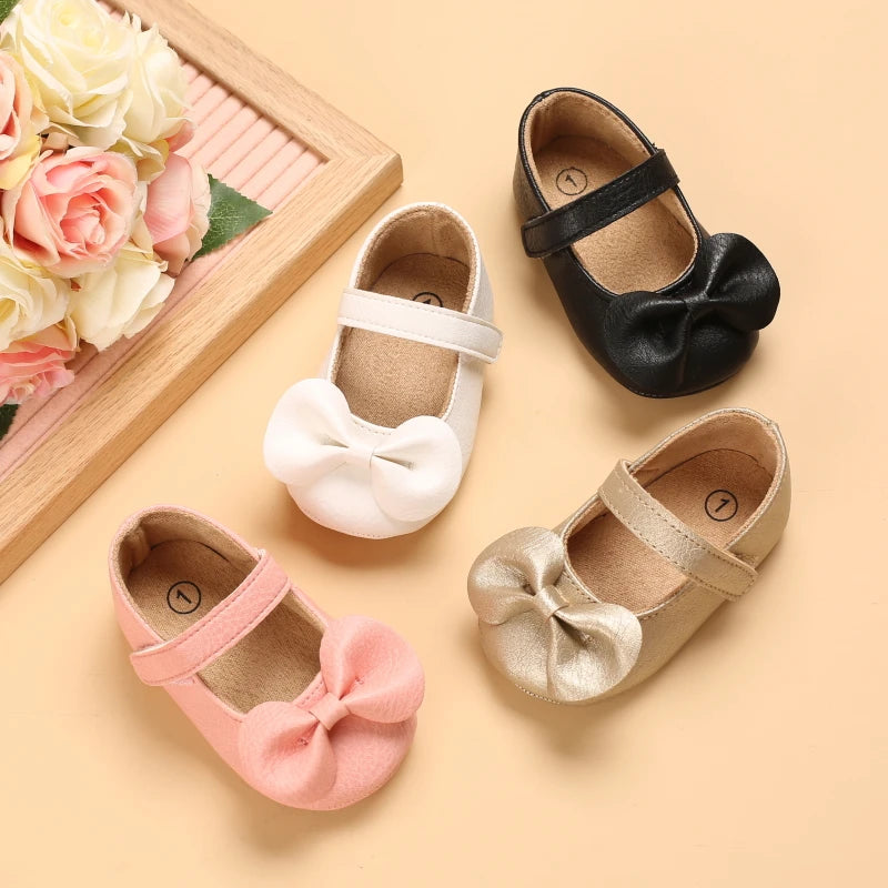 Solid color PU leather girl princess bow flat shoes