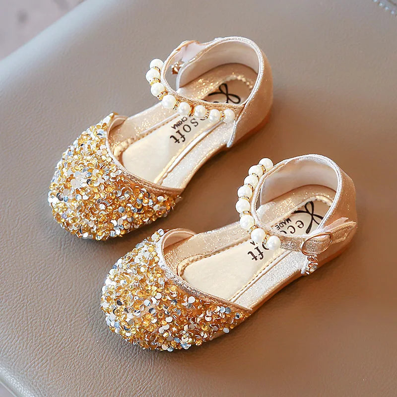Girl's Sprincess Shoes Sequins Pearl Gold Pink Summer Children Sandals