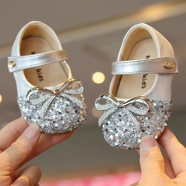 Bling Sequine Flats Shoes For Kids Princess Gold Silver Bowtie Dress Shoes