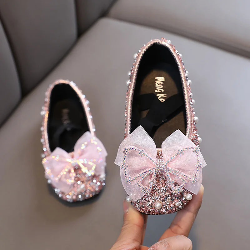 Children's Lace Bow Princess Shoes Girls Color Sequins