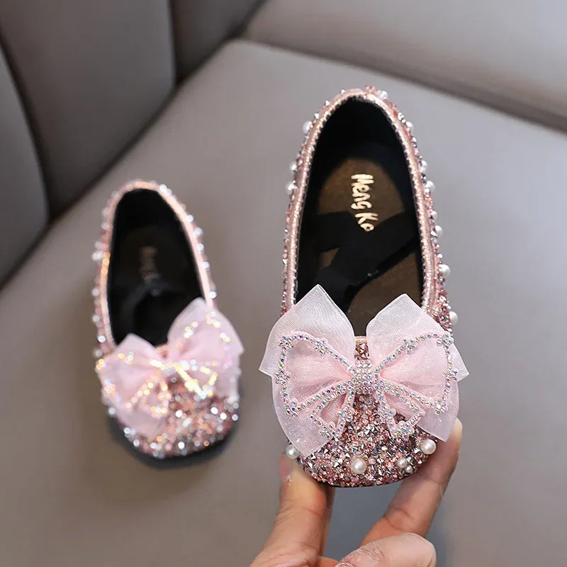 Children's Lace Bow Princess Shoes Girls Color Sequins