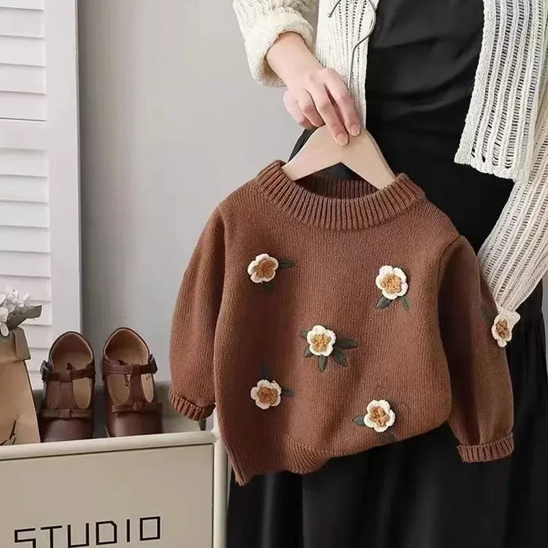 Girls Autumn And Winter Flower Thickened Sweater