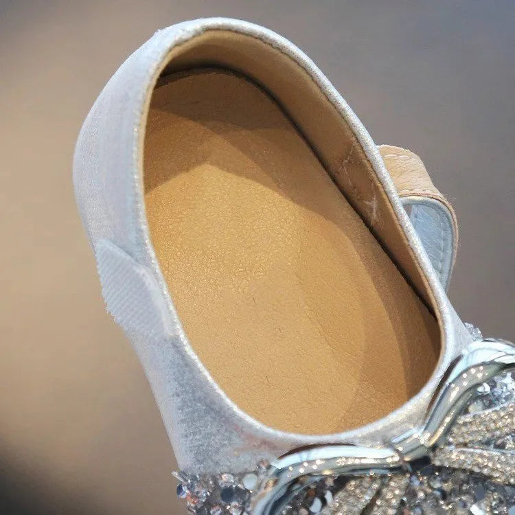 Bling Sequine Flats Shoes For Kids Princess Gold Silver Bowtie Dress Shoes
