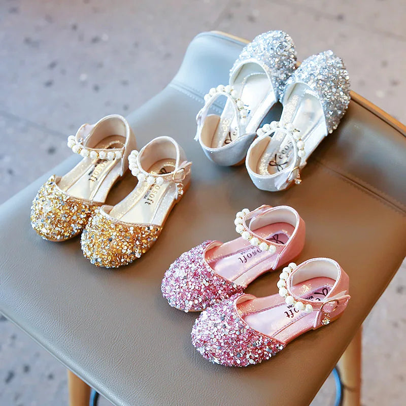 Girl's Sprincess Shoes Sequins Pearl Gold Pink Summer Children Sandals