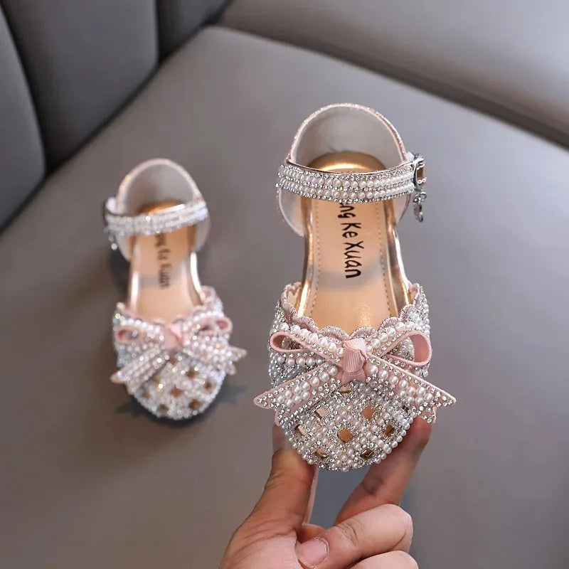 ChildrenRhinestone Bow Velcro Leather Shoes Girls Sequins Pearl
