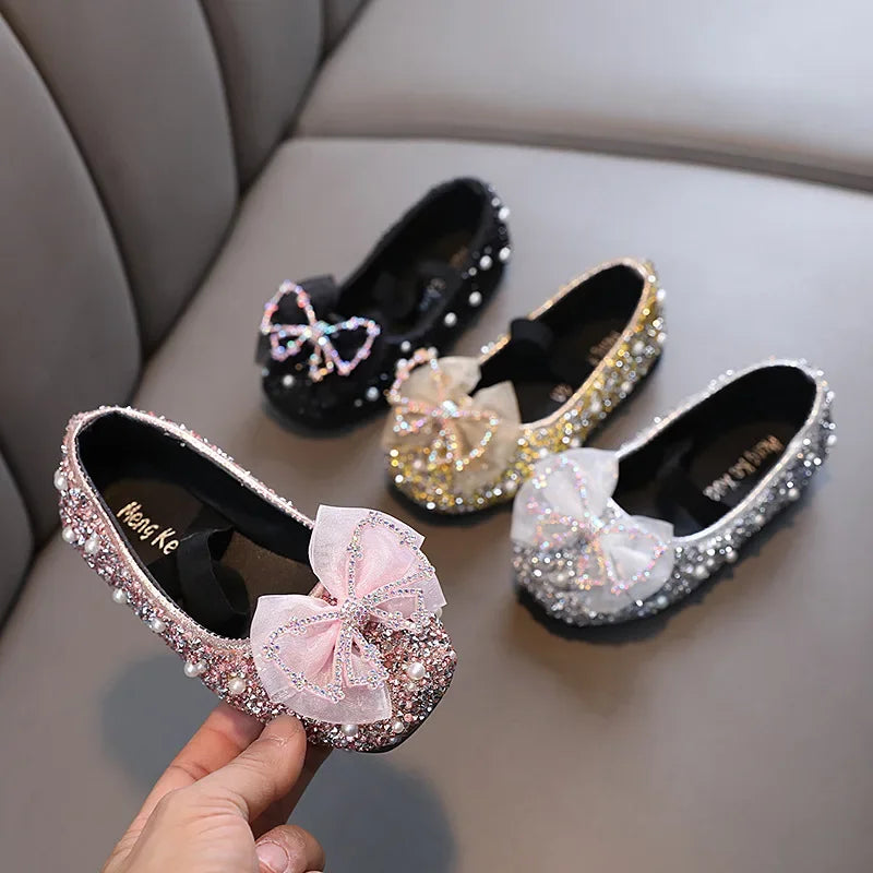 Children's Lace Bow Princess Shoes Girls Color Sequins