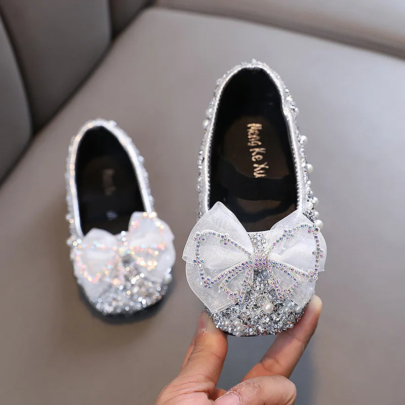 Children's Lace Bow Princess Shoes Girls Color Sequins
