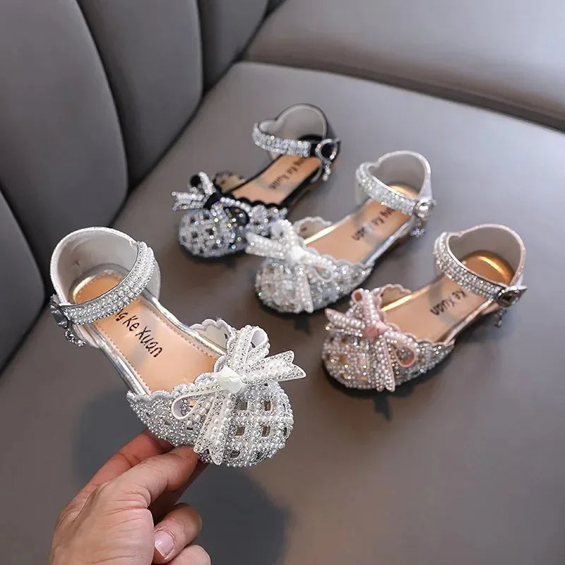 ChildrenRhinestone Bow Velcro Leather Shoes Girls Sequins Pearl