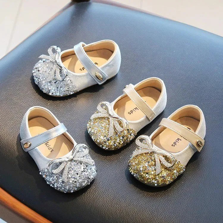 Bling Sequine Flats Shoes For Kids Princess Gold Silver Bowtie Dress Shoes