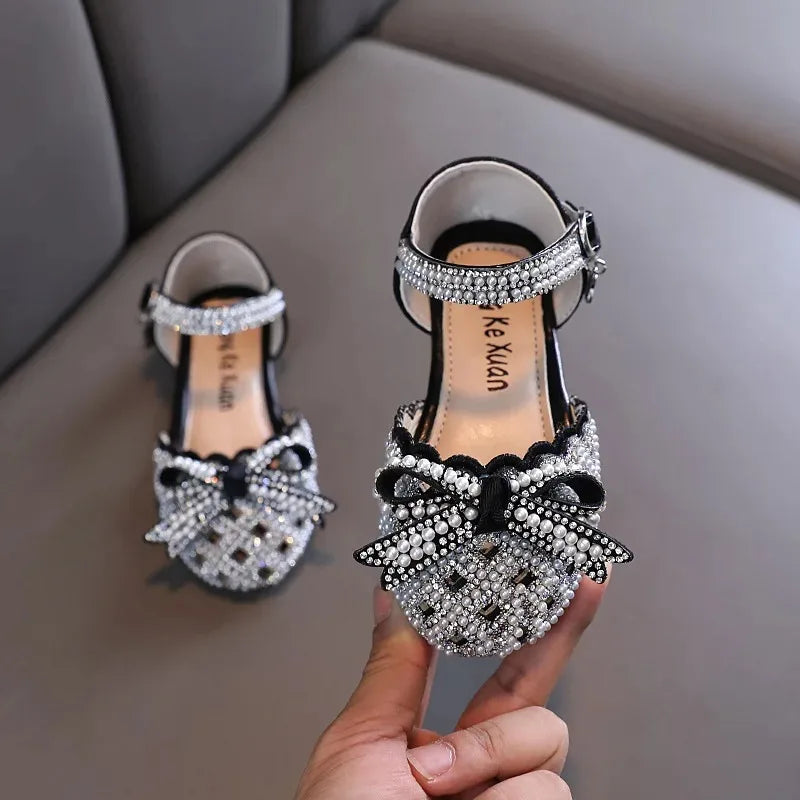 ChildrenRhinestone Bow Velcro Leather Shoes Girls Sequins Pearl