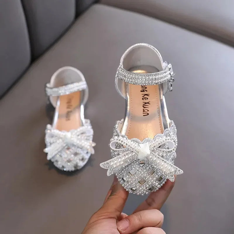 ChildrenRhinestone Bow Velcro Leather Shoes Girls Sequins Pearl