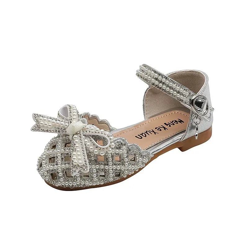 ChildrenRhinestone Bow Velcro Leather Shoes Girls Sequins Pearl