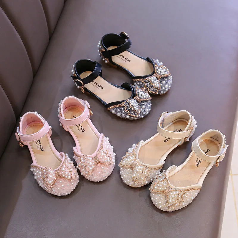 Girls Sandals Fashion Princess Shoes Bling Pearl Sequins Flat Sandals