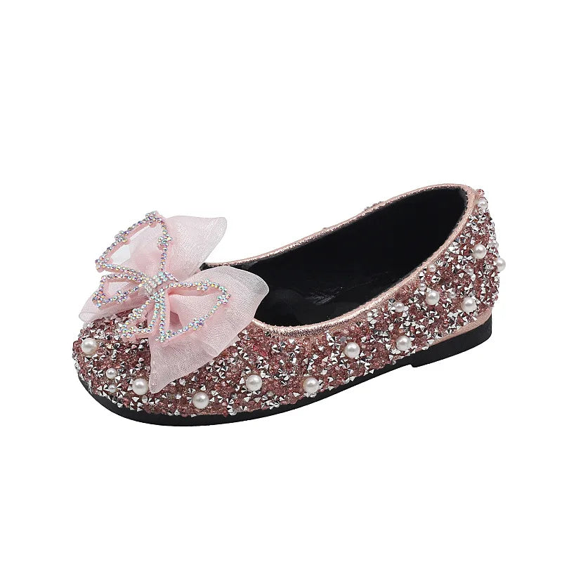 Children's Lace Bow Princess Shoes Girls Color Sequins